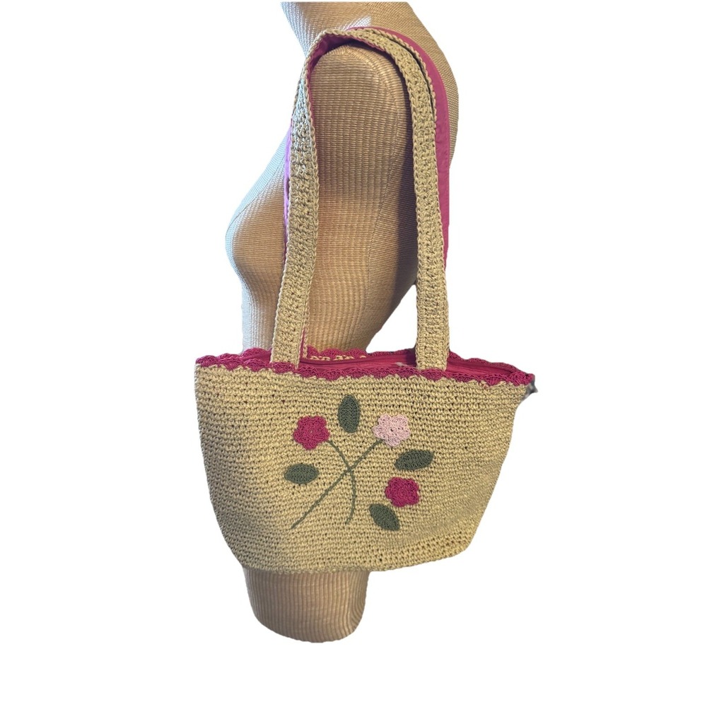 Rosetti Woven Straw Shoulder Zip Tote Bag Tan Crochet Pink Flowers Summer NWT‎